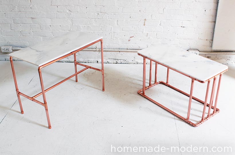 Learn how to make this DIY Copper and Marble Coffee Table and many other DIY modern furniture projects on HomeMade-Modern.com. This DIY Modern Table is made out of ½” copper pipes and Marble tiles and works well as a coffee table or nightstand.