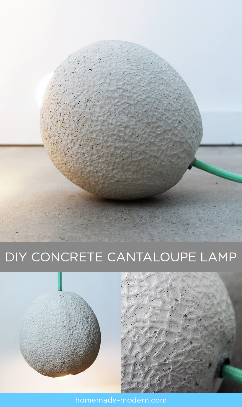 I've always like the texture of cantaloupes, so I made this concrete lamp by creating a silicone mold with a real cantaloupe and then casting a hollow concrete version. I used a plastic water bottle and a threaded rod to make the chase and hollow part of the lamp and a cloth cord from ColorCord.com to wire the lamp. For more information go to HomeMade-Modern.com.