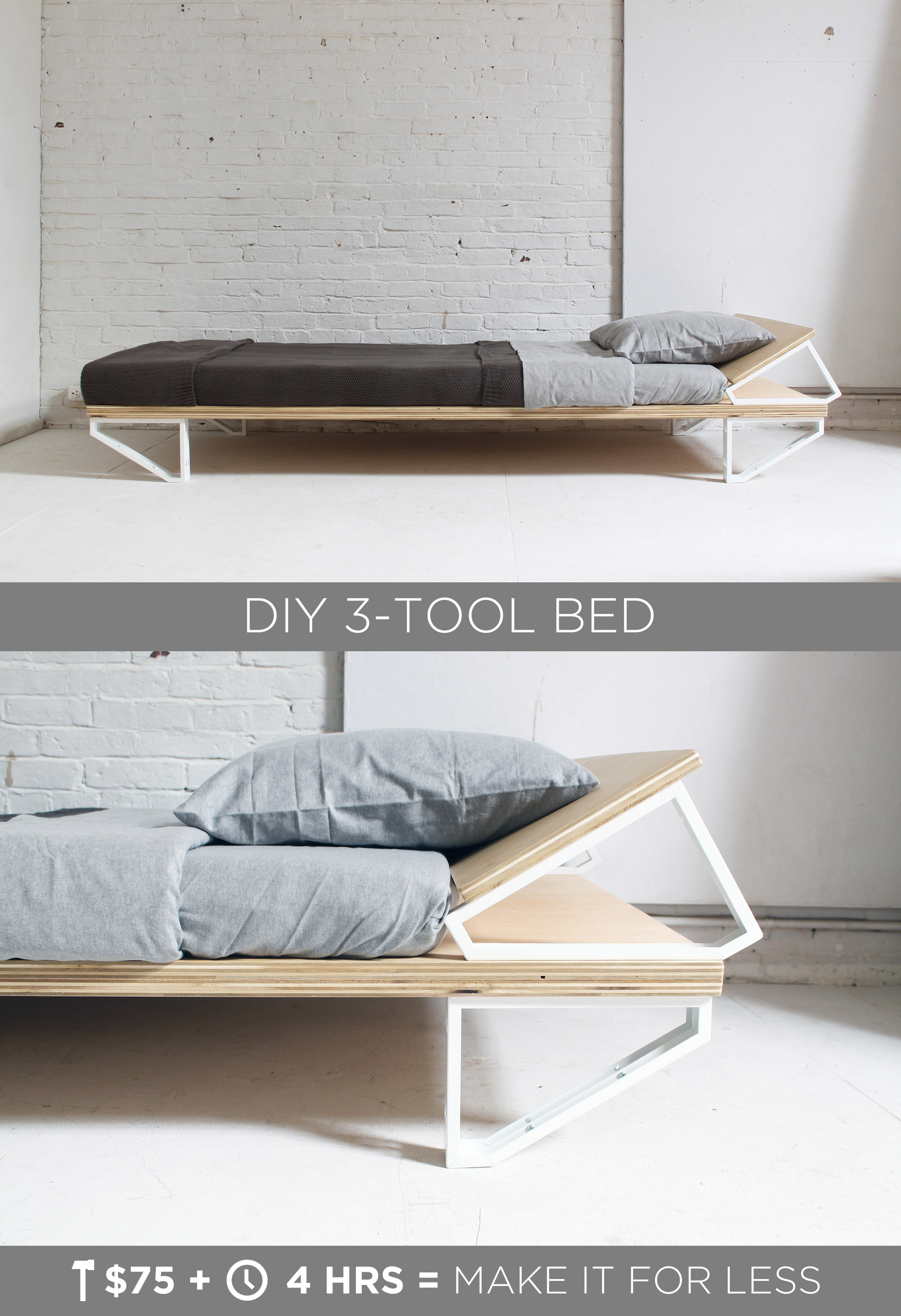 This DIY Modern Bed is made from a sheet of ¾” plywood, and 10 ikea shelf brackets. The materials cost  less than $100 and only 3 power tools are needed to build it. Full instructions can be found at HomeMade-Modern.com