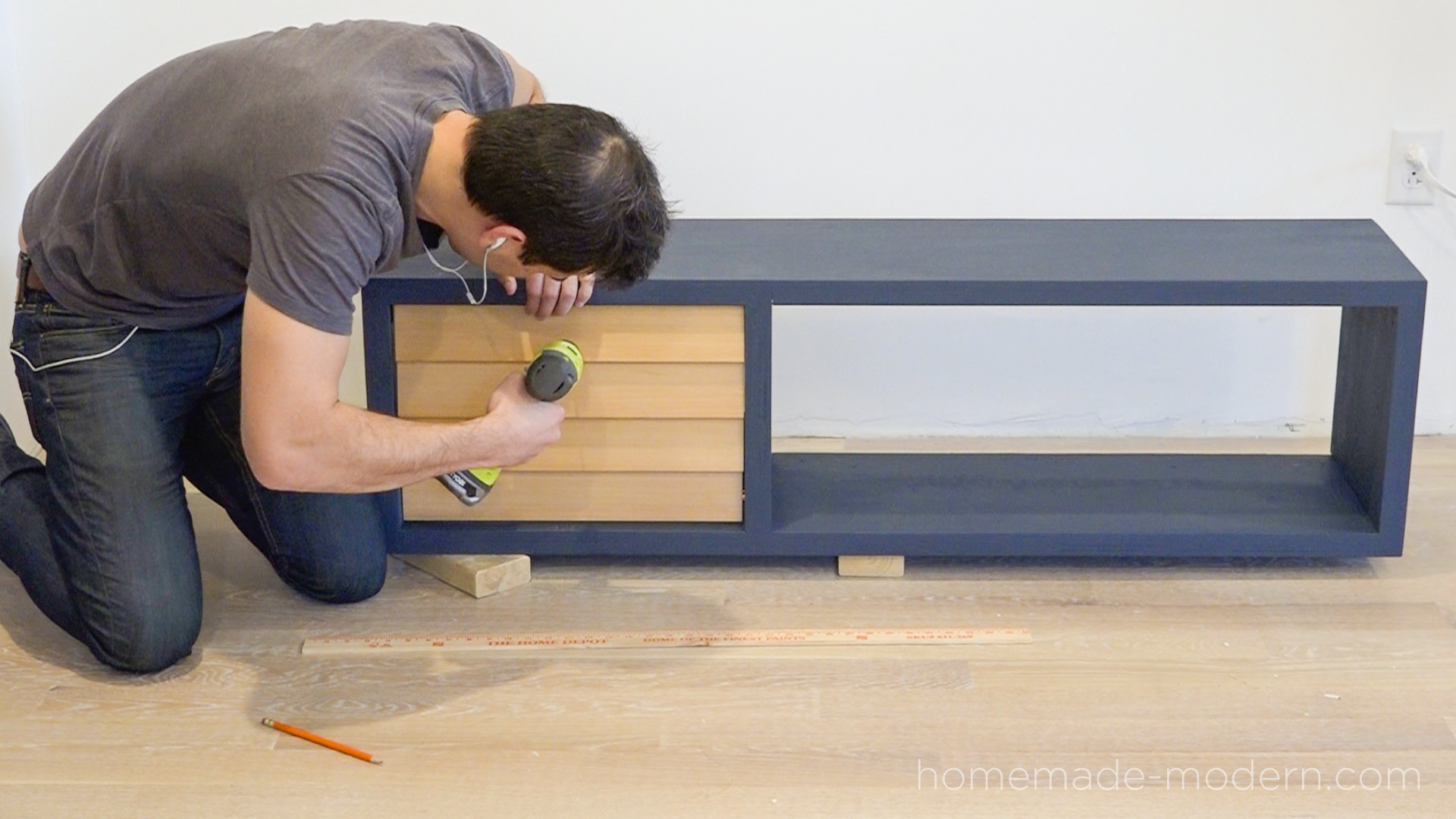 This DIY mid-century model media console is made from materials available at Home Depot for less than $100.  Full instructions can be found at HomeMade-modern.com.