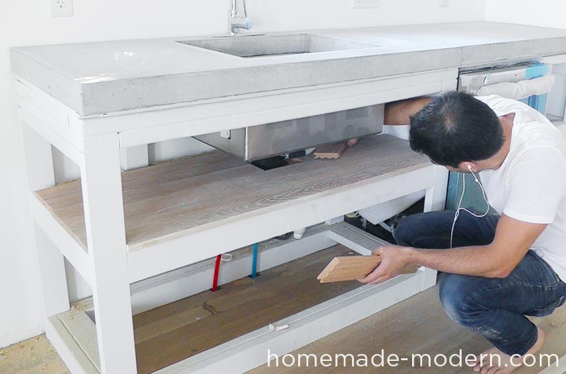 This entire DIY kitchen project cost less than $3500 for everything including appliances. There are three videos on the HomeMade Modern YouTube channel that show how to make the kitchen cabinets, concrete countertops and open shelving. For more information go to HomeMade-Modern.com.